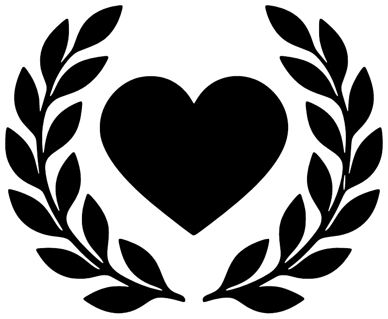 Black heart vinyl decal with open laurel leaves wreath, centered