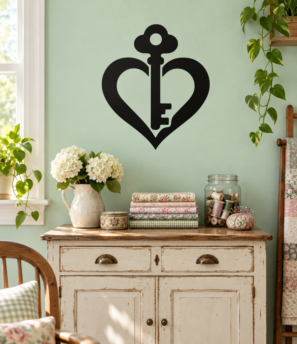 Black heart with key vinyl wall decal, centered silhouette for walls, doors, or signs.