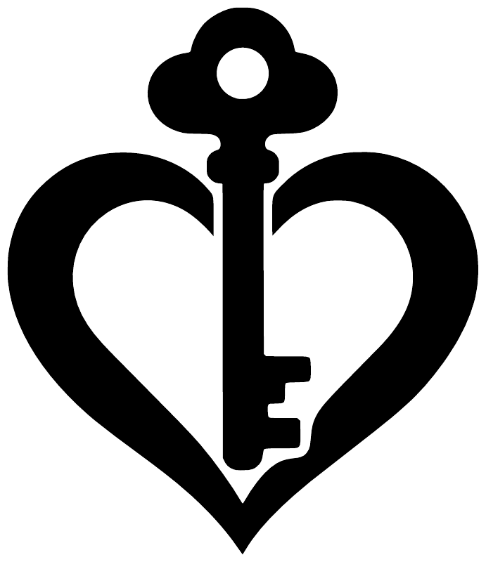 Black heart-shaped key decal with vertical key and flower-like top, vinyl silhouette.