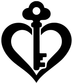 Black heart-shaped key decal with vertical key and flower-like top, vinyl silhouette.