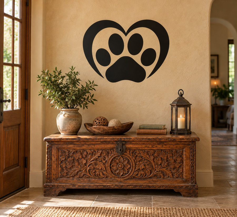 Heart and paw vinyl decal: black heart outline with paw print center