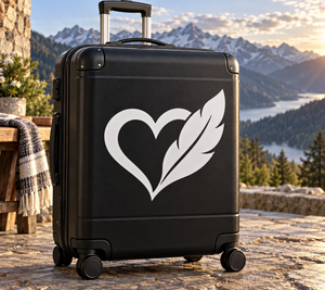 Heart and feather vinyl decal on black suitcase luggage, white heart with black feather