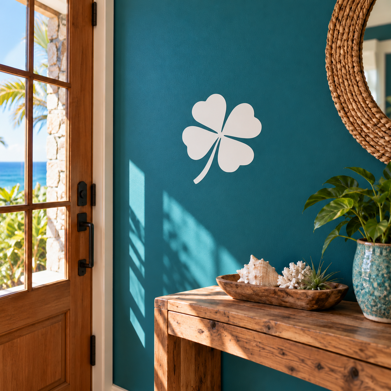 White four-leaf clover vinyl decal with gentle curved stem