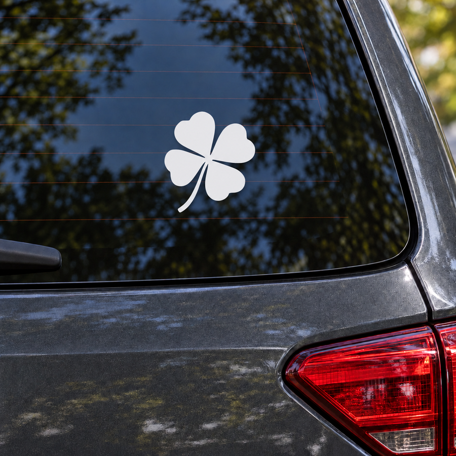 White heartleaf clover vinyl decal with curved tail for car window