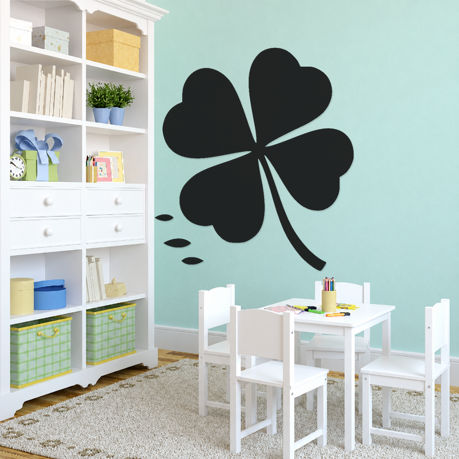 Black four-heart clover wall decal with long curving stem and three small leaflets
