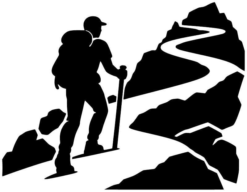 Black hiking switchback vinyl decal silhouette of two hikers near a trail map line