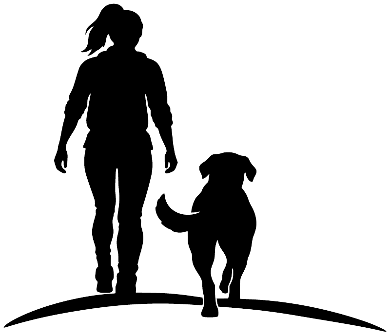 Black hiking dog companion decal silhouette: hiker and dog on curved mountain line