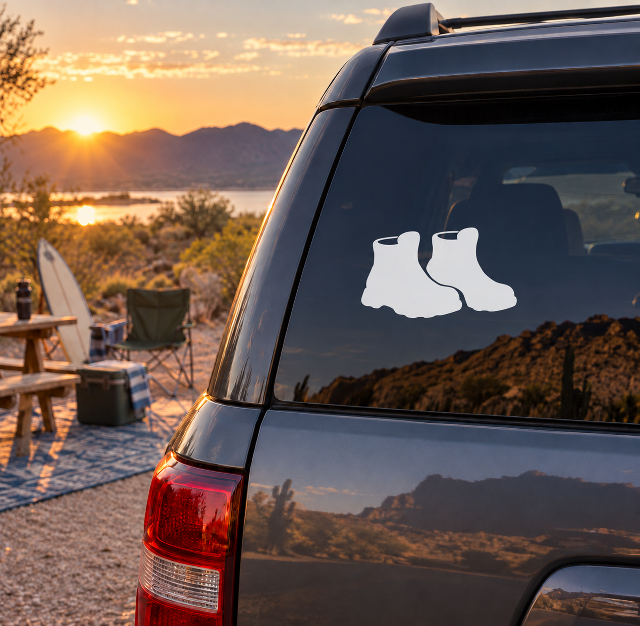 Hiking boot vinyl decal on car rear window, pair of boot silhouettes