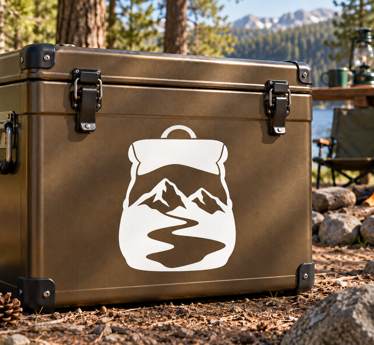 Hiking-themed white vinyl decal with mountains and winding trail inside a backpack shape