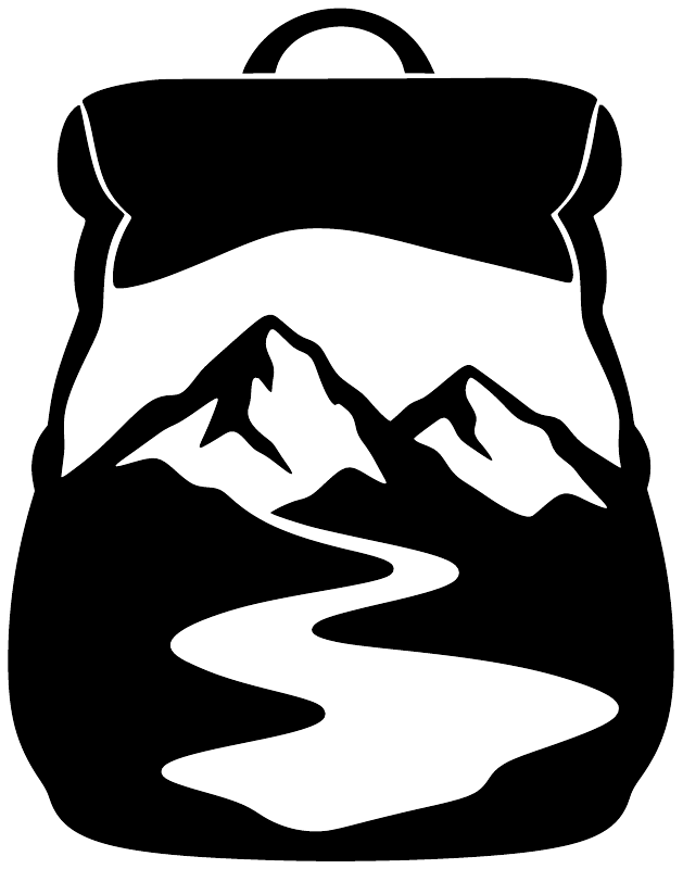 Vinyl decal graphic: black backpack icon with white mountains and a winding trail