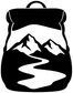 Vinyl decal graphic: black backpack icon with white mountains and a winding trail