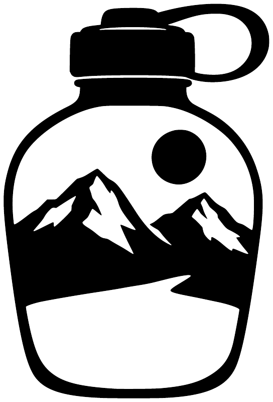 Hiking bottle vinyl decal graphic with mountains, sun, and dome cap