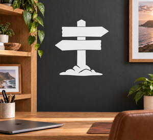 Vinyl hiking trail marker decal with two white directional arrows and hiker silhouette