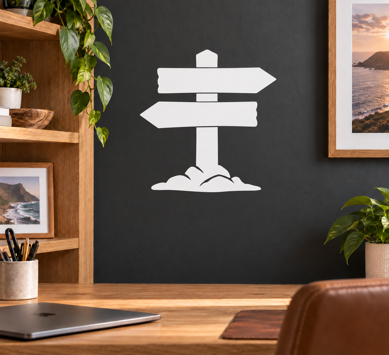 Vinyl hiking trail marker decal with two white directional arrows and hiker silhouette