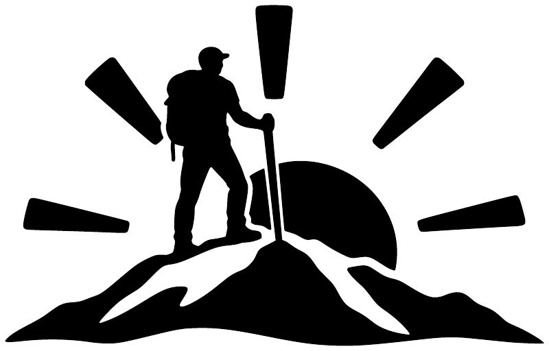 Black hiking silhouette vinyl decal, person with trekking pole and sunburst rays over rocks