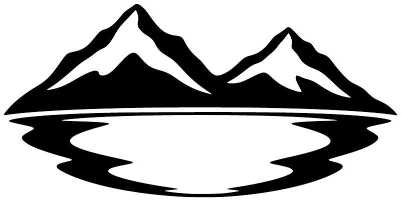 Black vinyl decal showing two mountain peaks above a wavy lake silhouette