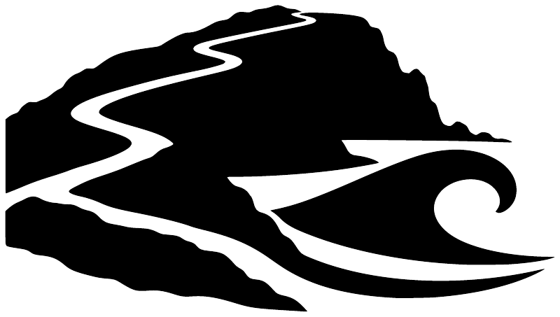 Vinyl decal silhouette of hiker with swirling wave trail, white on black