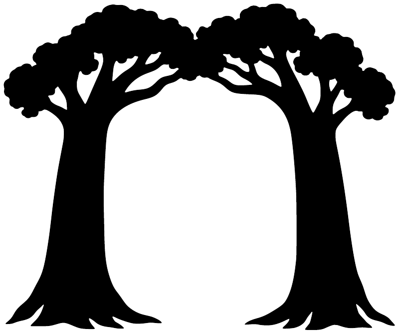 Woodland gate vinyl decal silhouette with two trees framing an arch opening