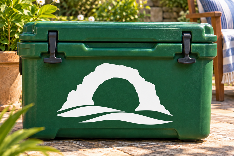 Hiking desert arch vinyl decal with white silhouette and desert wave lines