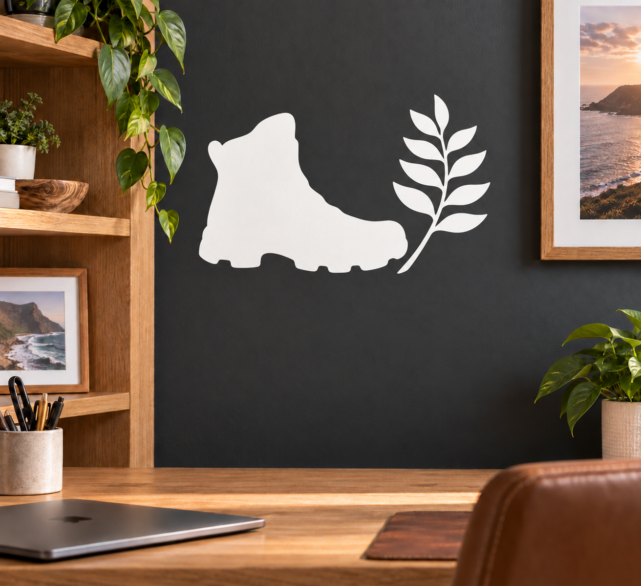 Hiking trail boot and leaves vinyl decal, white silhouette on dark surface
