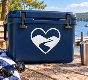 Vinyl heart hiking decal with white outline and black mountain trail graphic