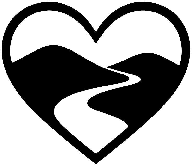 Heart hiking vinyl decal close-up: bold black heart outline with mountain trail