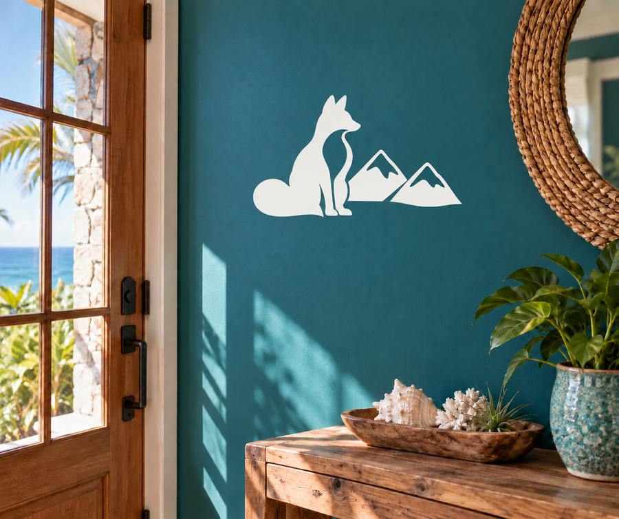 White fox silhouette vinyl decal with mountains and hiking trail graphic