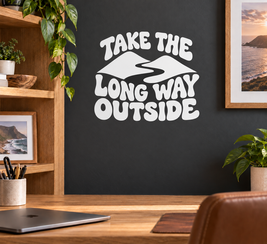 Wall vinyl decal with “TAKE THE LONG WAY OUTSIDE” text and mountain graphic