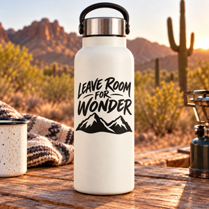 Vinyl decal with 'Leave Room for Wonder' lettering and black mountain landscape