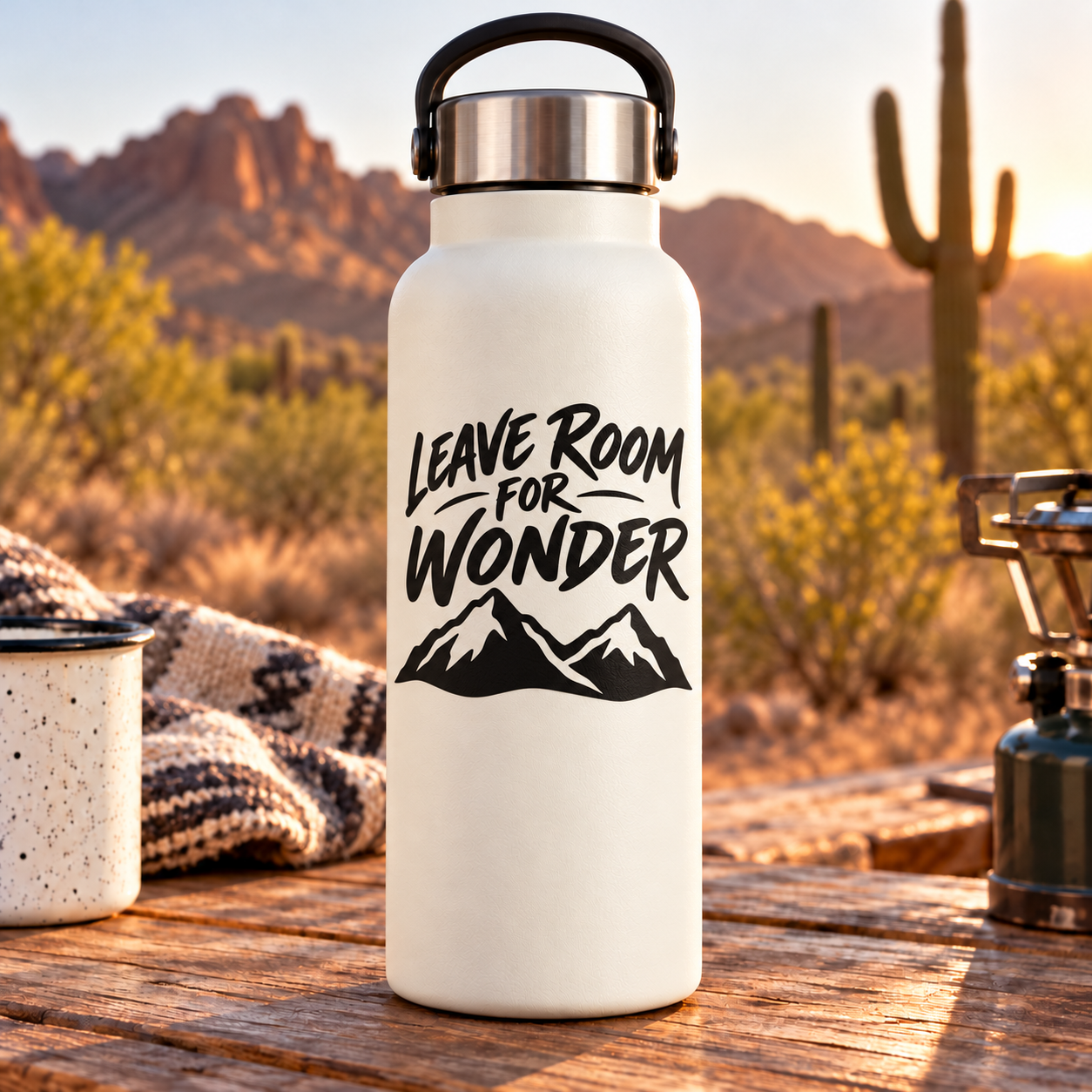Vinyl decal with 'Leave Room for Wonder' lettering and black mountain landscape