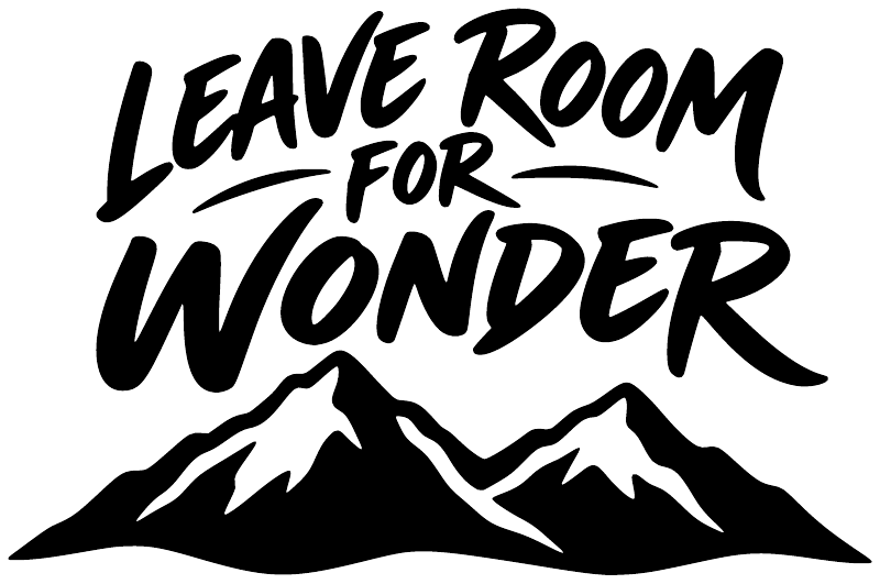 Vinyl decal close-up: 'Leave Room for Wonder' text with mountain silhouettes