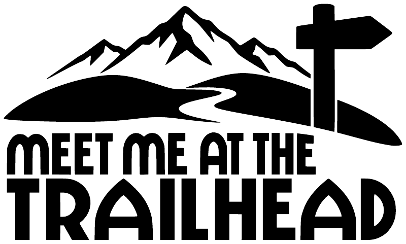 Black vinyl decal design: mountain, cross, and "MEET ME AT THE TRAILHEAD" text