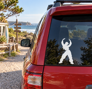 White vinyl decal of hip-hop dancer silhouette with raised arms on car rear window