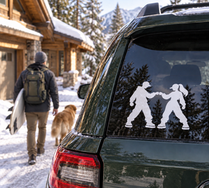 Vinyl decal of two white hip hop dancer figures on a car window