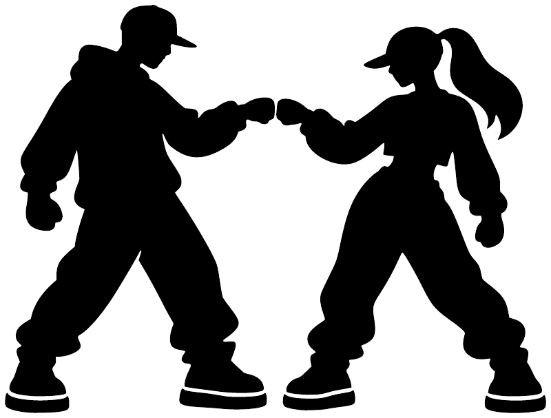 Black hip hop dancer silhouette vinyl decal, two figures facing with hands out