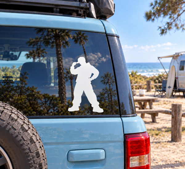 Hip hop dancer vinyl decal, white silhouette with cap-tilt pose on car window
