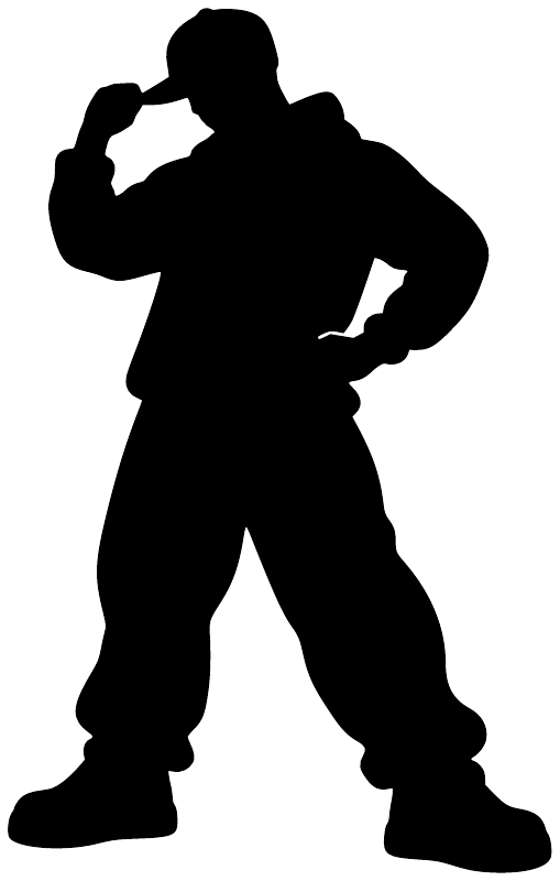 Hip hop dancer vinyl decal, black silhouette in cap-tilt stance cutout