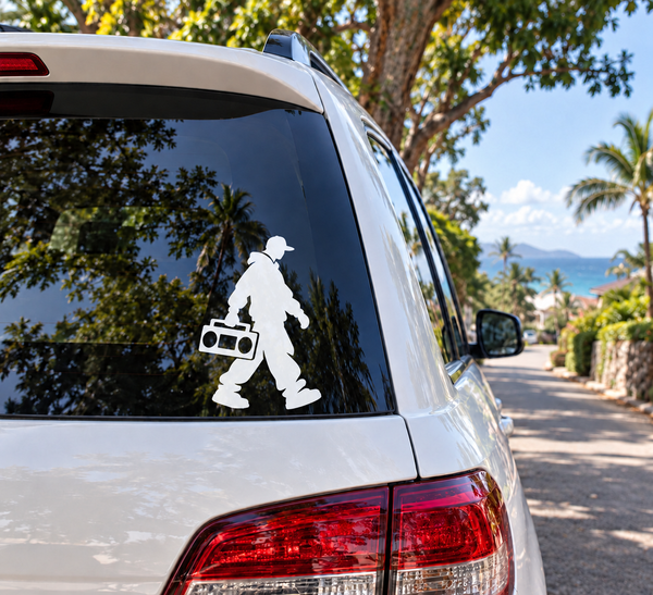Car window vinyl decal of a hip hop dancer carrying a boombox, white silhouette
