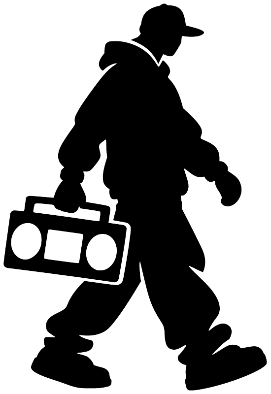 Vinyl decal silhouette of a dancer walking with a boombox, black on white