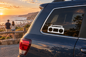Boombox vinyl decal for car window, black and gold stereo with speaker circles