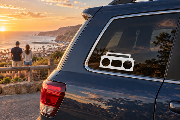 Boombox vinyl decal for car window, black and gold stereo with speaker circles