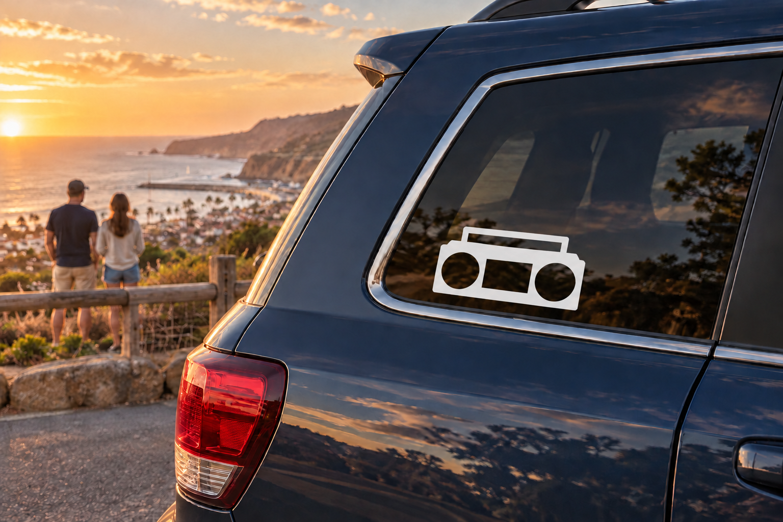 Boombox vinyl decal for car window, black and gold stereo with speaker circles