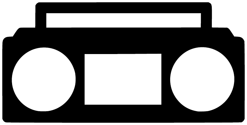 Boombox vinyl decal, black base with white speaker circles and center screen