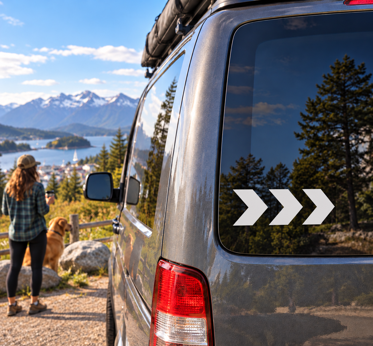 White vinyl chevron arrows decal on car window, three double-right signs