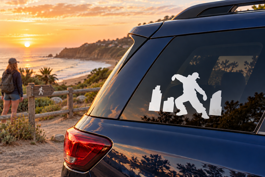 White hip hop dancer vinyl decal for car window with city skyline silhouettes