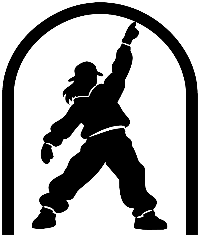 Hip hop arched vinyl decal with black dancer silhouette inside a curved arch