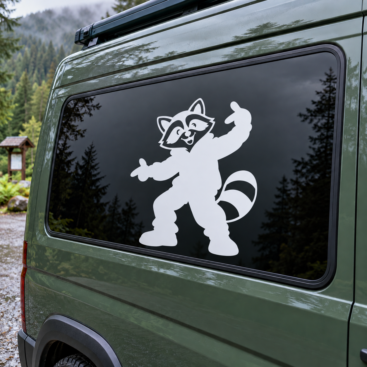 White raccoon dancing vinyl decal for car window, hip hop pose silhouette