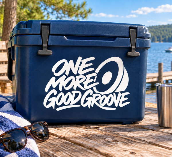 Blue vinyl decal with white "ONE MORE GOOD GROOVE" script text