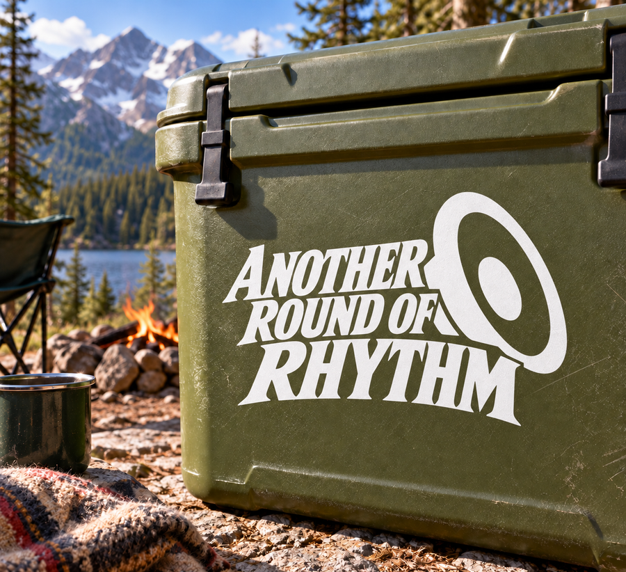 Vinyl decal: 'ANOTHER ROUND OF RHYTHM' text with black speaker icon