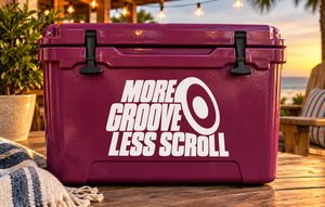 Vinyl decal with “MORE GROOVE LESS SCROLL” lettering in black and white.